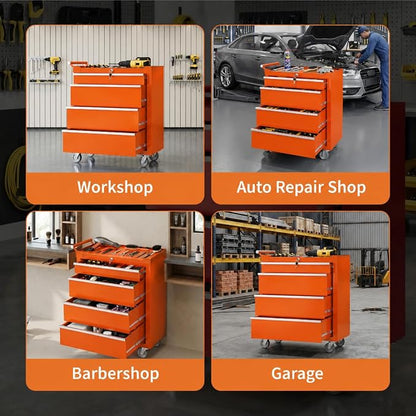 IDEALHOUSE Rolling Tool Chest, 5 Drawers Tool Storage Cabinet, Toolbox with Wheels, Portable Tool Cabinet Organizer with Locking System & Drawer Liners, Tool Storage Cart for Garage, Workshop, Orange