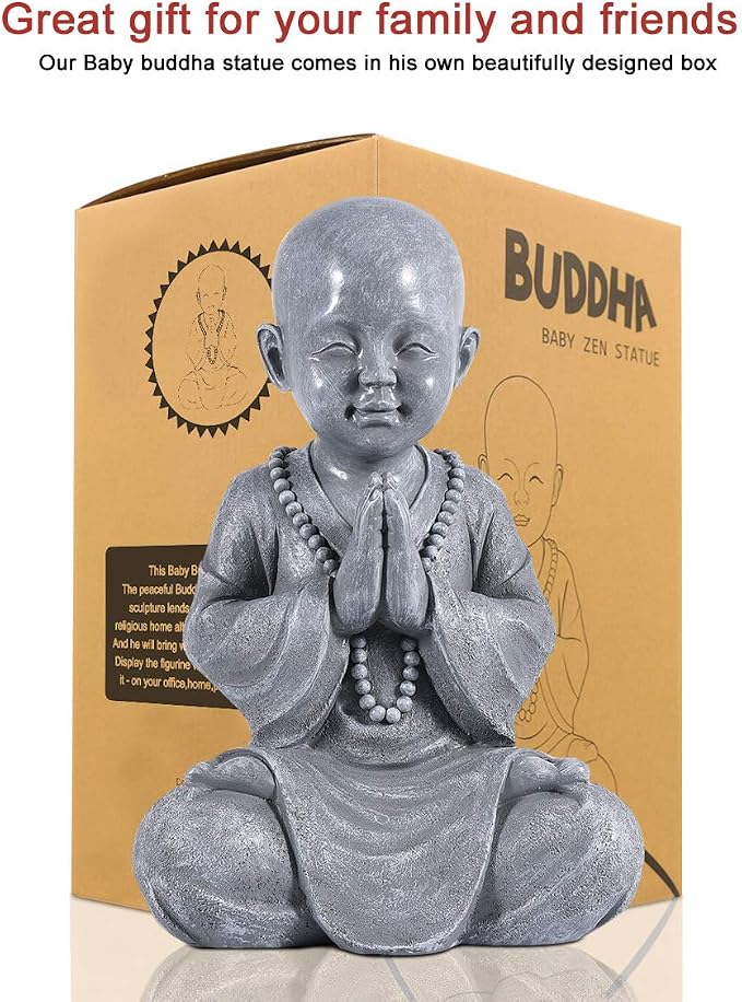Goodeco Meditating Baby Buddha Statue Figurine - Zen Garden Monk Sculpture,Indoor/Outdoor Decor for Home,Garden Patio Deck Yard Art Decoration- with Natural Wood Beaded Necklace 11.2" (Gray)