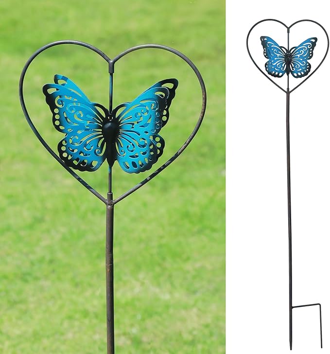 Decorative garden stakes,rotating butterfly garden stake,cemetery decor | vintage blue metal garden decor;perfect for flower pots, outdoor gardens, lawns and garden decor for outside