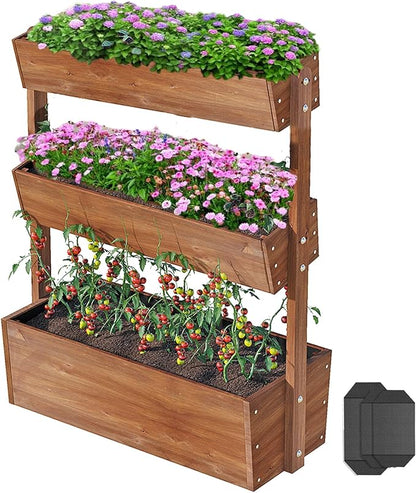 Raised Garden Bed,3 Tier Vertical Garden Planter,Planter Box,Fir Wood Adjustable Freestanding Elevated Herb Stand Tower,Flower Strawberry Vegetable for Outdoor Indoor Balcony,33x17x46,Brown