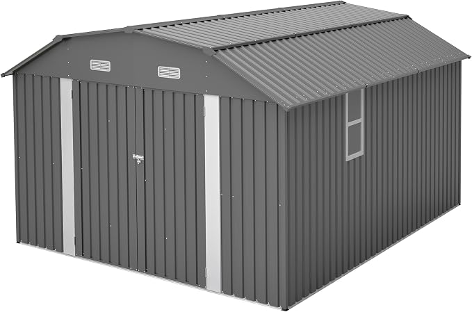 YOPTO 10×12 FT Outdoor Storage Shed,Heavy-Duty Metal Shed with Floor Base,All Weather Waterproof Tool Shed W/Diamond Roof & Windows,Lockable Double Door & 4 Air Vents,for Backyard,Patio,Lawn,Gray