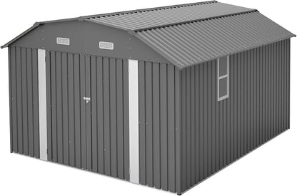YOPTO 10×12 FT Outdoor Storage Shed,Heavy-Duty Metal Shed with Floor Base,All Weather Waterproof Tool Shed W/Diamond Roof & Windows,Lockable Double Door & 4 Air Vents,for Backyard,Patio,Lawn,Gray