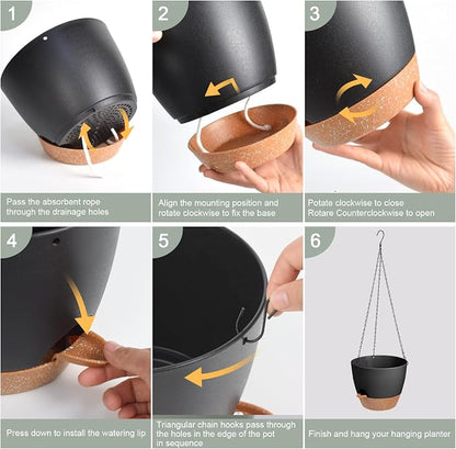Vanslogreen Hanging Planters for Indoor Outdoor Plants, 2 Pack Self Watering Hanging Pot with Drainage Holes & Removable Tray (Black, 6'')