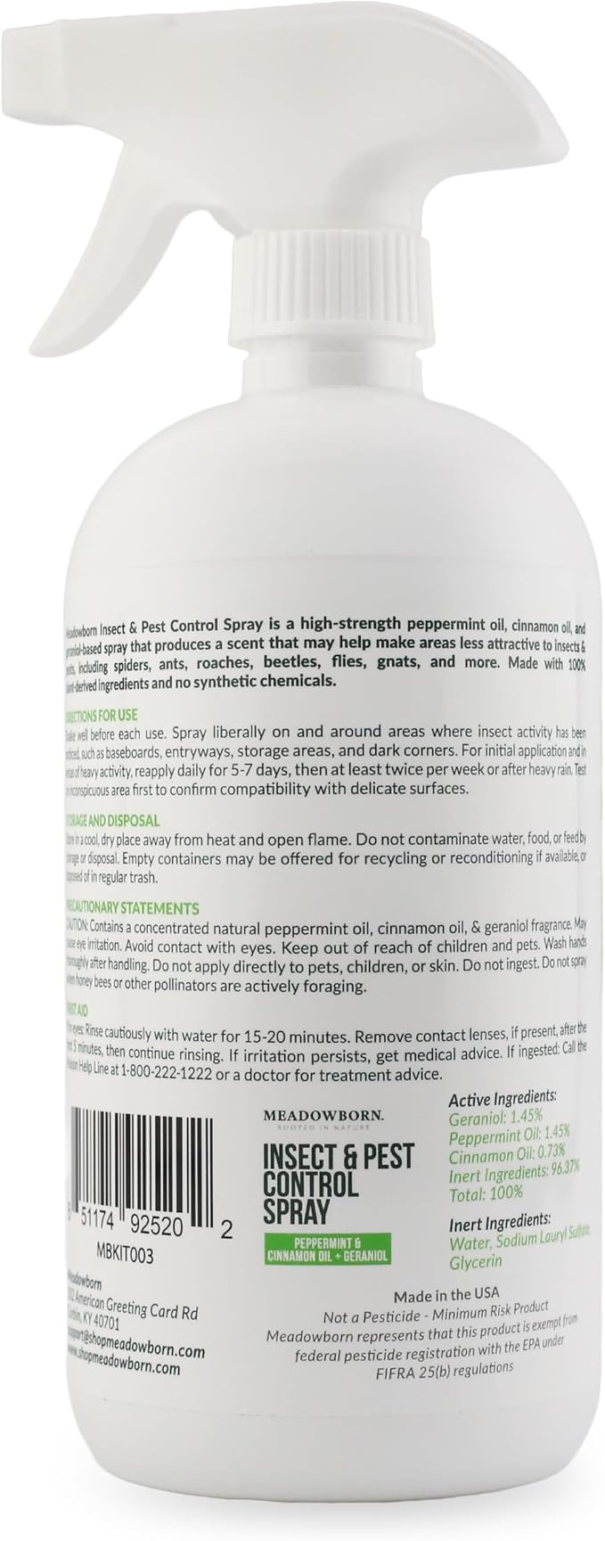 Peppermint Oil Insect Spray – Natural Indoor & Outdoor Household Spray with Peppermint, Cinnamon Oil & Geraniol – Plant-Based Formula – 24 oz