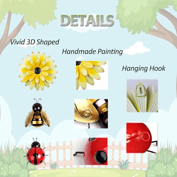 13pcs Metal Wall Decoration, Flowers, Butterflies, Bees, Ladybugs Colorful DIY Wall Decor Hanging Garden Fence Art for Indoor Outdoor Patio Yard Home Farmhouse, Gift for Family Friend