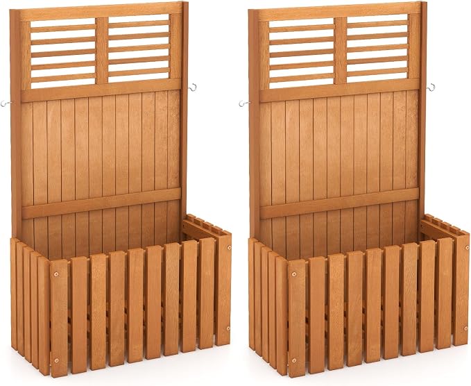 HAPPYGRILL Raised Garden Bed, Wooden Planter w/Trellis & Privacy Screen for Hanging Pot Plants, Outdoor Elevated Planter Box w/Slatted Bottom & 2 Side Hooks for Balcony Patio Garden (2)