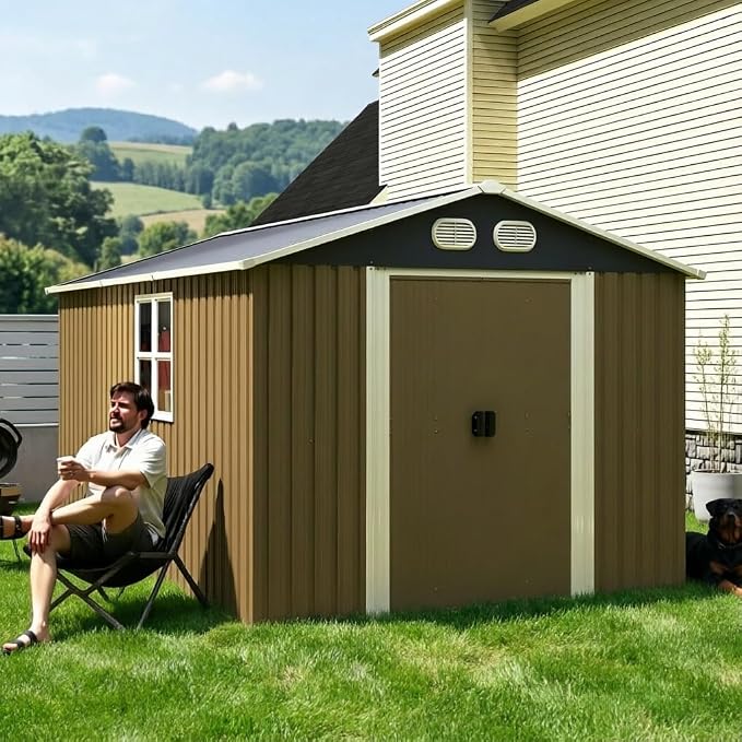KEIKI 8x12 FT Outdoor Storage Shed, Heavy Duty Metal Garden Shed with Lockable Sliding Doors, Air Vents & Sloped Roof, Waterproof Backyard Tool Shed for Lawn Equipment, Patio Furniture, Brown