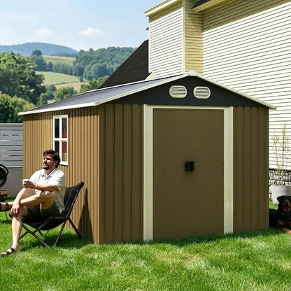 KEIKI 8x12 FT Outdoor Storage Shed, Heavy Duty Metal Garden Shed with Lockable Sliding Doors, Air Vents & Sloped Roof, Waterproof Backyard Tool Shed for Lawn Equipment, Patio Furniture, Brown