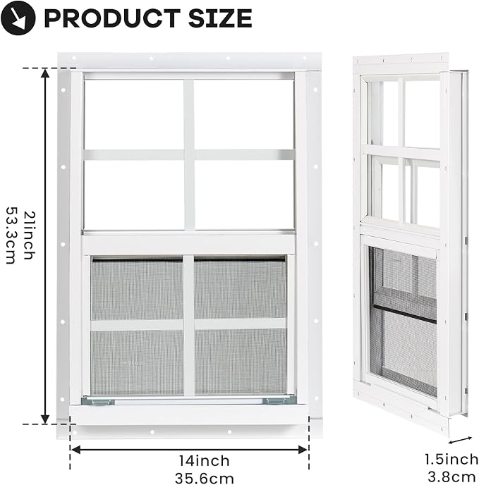 Shed Windows 2 Pack, Chicken Coop Windows 14" x 21" White | Flush Mounted Small Windows with Tempered Glass and Fiberglass Screen for Shed, Barns, Playhouse, Household, Garage