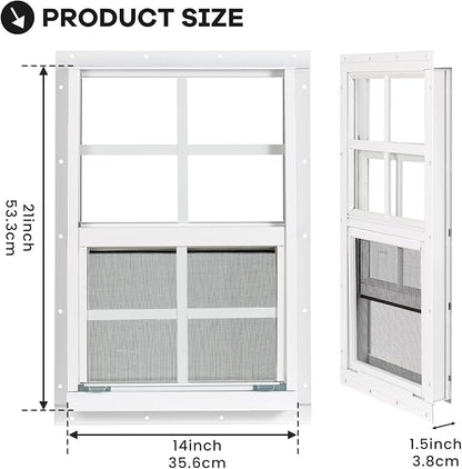 Shed Windows 2 Pack, Chicken Coop Windows 14" x 21" White | Flush Mounted Small Windows with Tempered Glass and Fiberglass Screen for Shed, Barns, Playhouse, Household, Garage