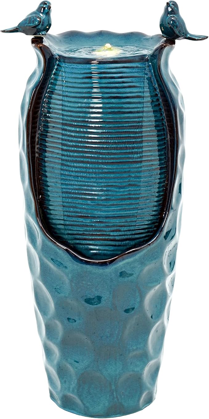 Autodaya 33" Vase Ceramic Outdoor Water Fountain with Lights and Birds | teal blue glazed water feature with textured design, ambient soothing cascading water flow for garden patio yard sanctuary