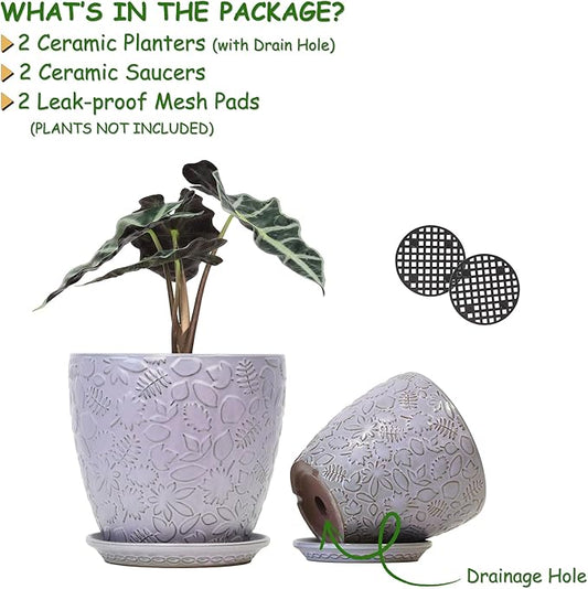 8 Inch + 6 Inch Retro Ceramic Planter Set of 2 with Drainage Hole and Saucer for Multiple Plants, Indoor-Outdoor Garden Pots for Succulent, Orchid, and Flower (Retro Purple)
