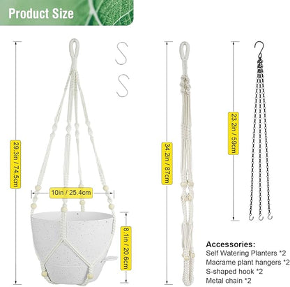 Meowell 10 inch Self Watering Hanging Planters, 2 Pack Hanging Baskets for Indoor Outdoor Plants, Hanging Flower Pots with Drainage Holes and 2 Kinds of Plant Hangers for Garden Decor, Speckled White