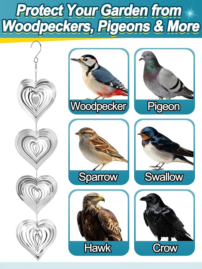 3pcs Reflective Wind Spinners Outdoor for Bird Scare - Stainless Steel Bird Reflectors to Keep Birds Away, Pinwheels for Yard and Garden Decor, Heart-Shaped