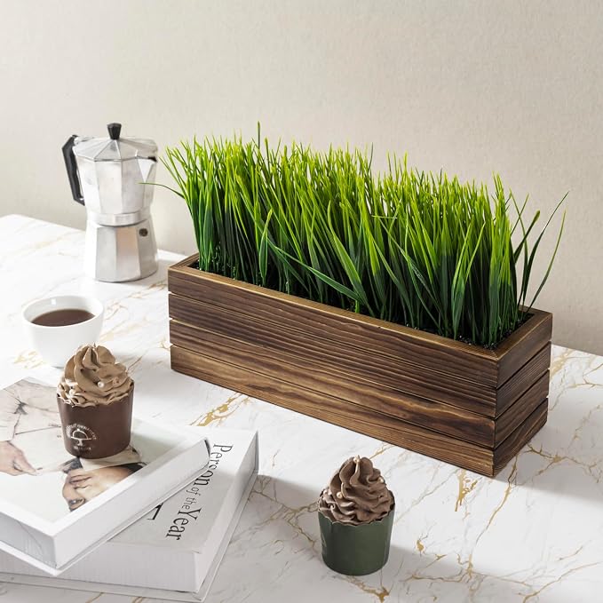 MyGift 14 Inch Artificial Green Grass Plant in Rustic Burnt Solid Wood Rectangular Crate Style Planter Box, Indoor Decor Faux Greenery in Decorative Wooden Container