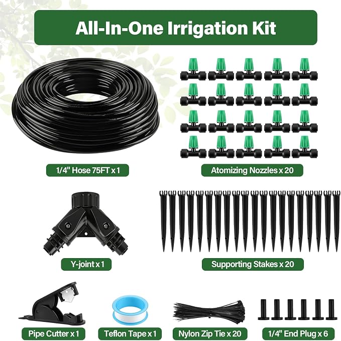 Kalolary 75FT Quick-Connect Drip Irrigation System Kit, Automatic Garden Watering System with 1/4" Tubing & Atomizing Nozzle Automatic Irrigation Equipment for Raised Garden Beds Greenhouse Lawn