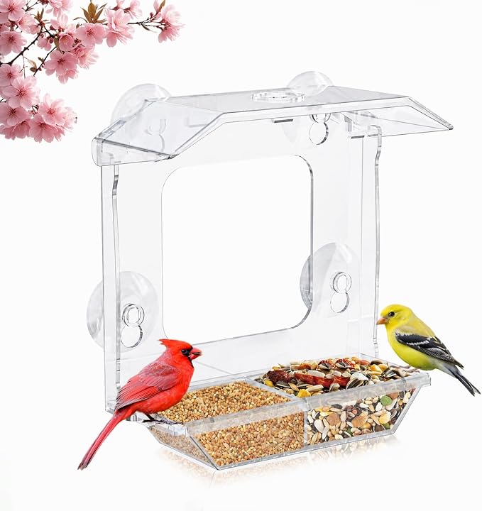 Window Bird Feeder with 4 Extra Strong Suction Cups (2.5 Inch) | Clear Bird Feeder with Dual Seed Tray, Easy to Install and Clean, Birdfeeder for Close-Up Viewing Birds, Bird Watching Gift