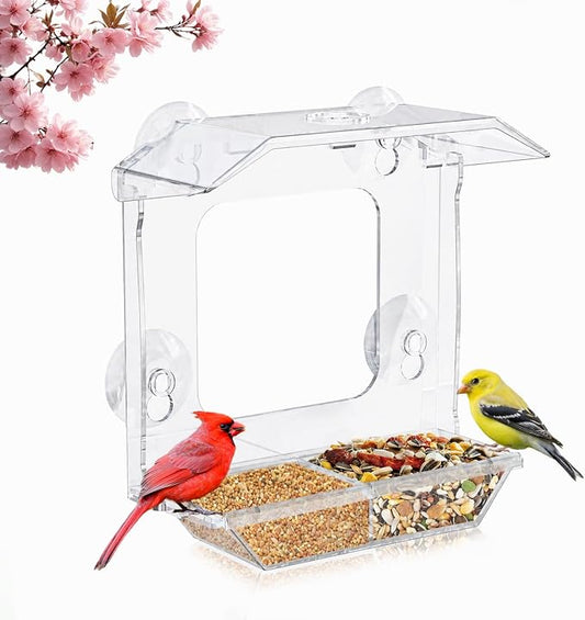 Window Bird Feeder with 4 Extra Strong Suction Cups (2.5 Inch) | Clear Bird Feeder with Dual Seed Tray, Easy to Install and Clean, Birdfeeder for Close-Up Viewing Birds, Bird Watching Gift