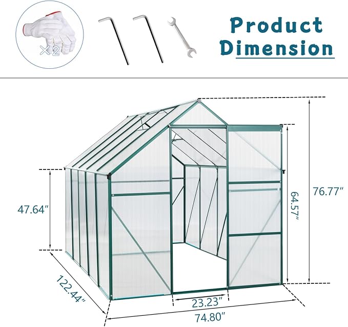 6x10 FT Greenhouse, Walk-in Polycarbonate Greenhouses with Sliding Doors, Aluminum Frame, Adjustable Roof Vent, Raised Base & Anchor, Outdoor Backyard Greenhouse for All Seasons, Green