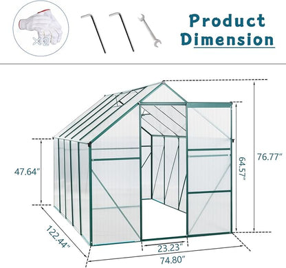 6x10 FT Greenhouse, Walk-in Polycarbonate Greenhouses with Sliding Doors, Aluminum Frame, Adjustable Roof Vent, Raised Base & Anchor, Outdoor Backyard Greenhouse for All Seasons, Green
