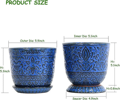 Gepege 6 Inch Ceramic Planter, Blue Plant Pot with Drainage Holes and Saucers for Indoor Plants, Birthday for Women Mom