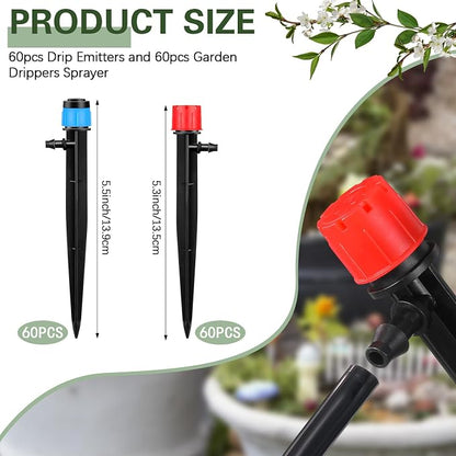 SiliFine 120 Pcs Drip Irrigation Emitters for 1/4'' Drip Irrigation Tubing 60 Irrigation Emitters Sprayer 60 Adjustable 360 Degree Water Flow Drippers for Patio Lawn Garden Watering