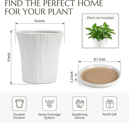 10 Inch Ceramic pots for Plants with Saucer Drainage Leak-Proof Mesh, Round Plant Pot with Gardening Gloves for Indoor Outdoor Plants (Rippled White)