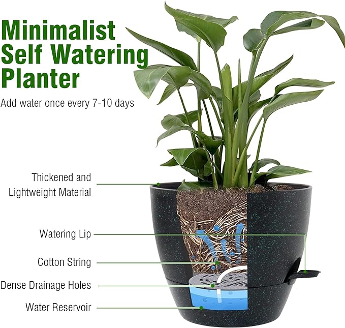 WSMKSZ 12 inch Large Self Watering Pots, Planter, Plant Pots with Mesh Drainage Holes for Indoor Outdoor House Plants and Garden, Plastic Flower Pots with Reservoir, Black with Green Speckles