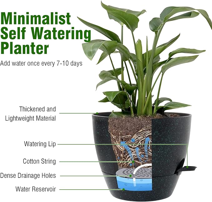 WSMKSZ 12/10/9 inch Large Self Watering Pots, Planter, Plant Pots with Mesh Drainage Holes for Indoor Outdoor Garden Plants, Plastic Flower Pots with Deep Reservoir, Black with Green Speckles