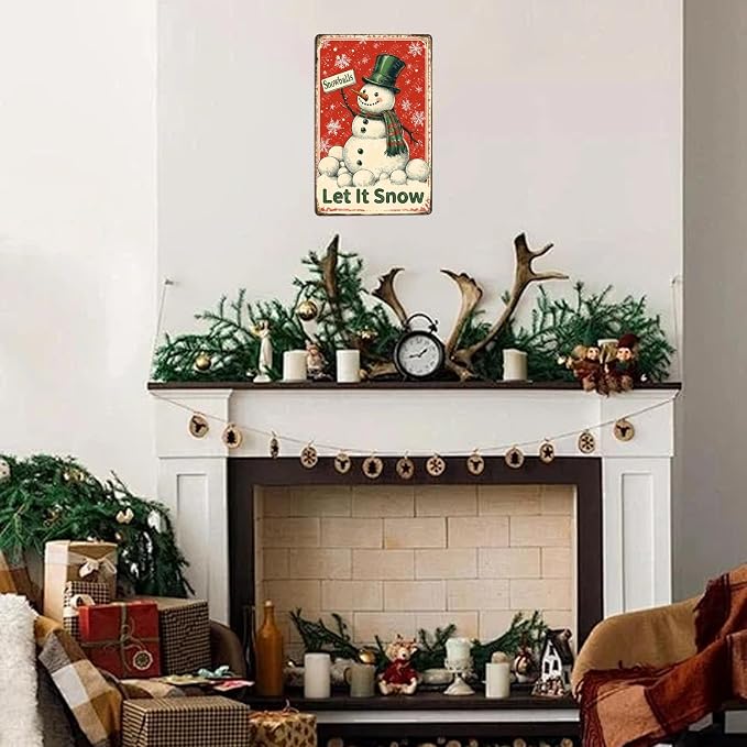 Snowman Tin Sign Vintage Winter Sign Snowflakes Snowballs Aluminum Metal Sign for Home Bar Outdoor Yard Kitchen Farmhouse 12×8 Inch