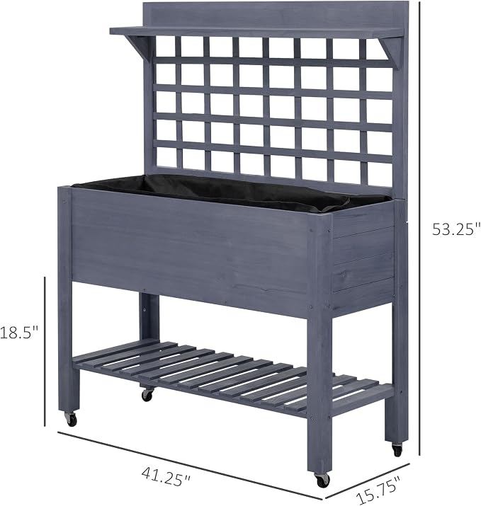 Outsunny 41" Raised Garden Bed with Trellis on Wheels, Wooden Elevated Planter Box with Legs and Bed Liner, for Flowers, Herbs & Vegetables, Gray