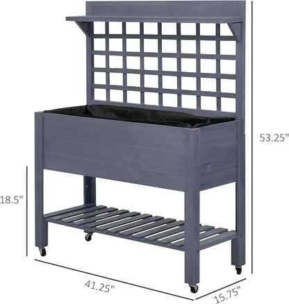 Outsunny 41" Raised Garden Bed with Trellis on Wheels, Wooden Elevated Planter Box with Legs and Bed Liner, for Flowers, Herbs & Vegetables, Gray