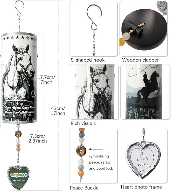 Wild West Cowboy Wind Chimes Outdoor, 17 in Wild West Rustic Hand-Tuned Deep Resonance Wind Bell, Rust-Proof Windchime for Patio Porch Garden Farmhouse Decor, Gift for Cowboy/Horse Lovers