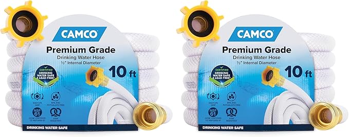 Camco TastePURE 10-Ft Water Hose-RV Drinking Water Hose Contains No Lead,No BPA&-No Phthalate-Features Diamond-Hatch Reinforced PVC Design-1/2” Inside Diameter,Made in the USA (22743),(Pack of 2)