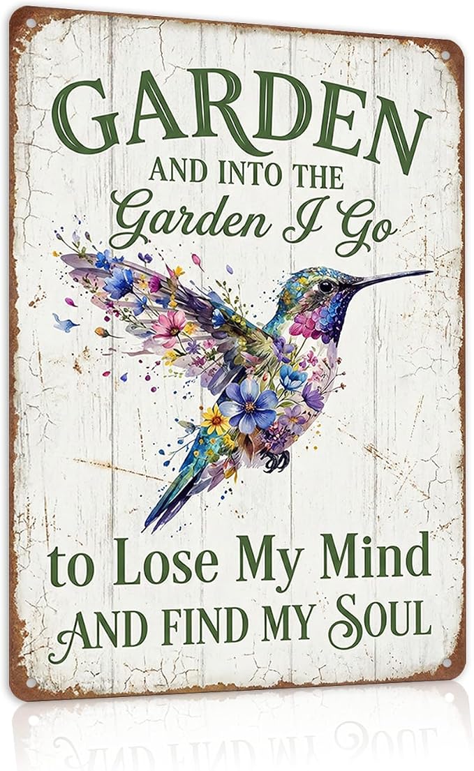 Garden Decor Sign Into the Garden I Go Hummingbird Wall Art | Garden Enthusiasts • Patio Porch Display • Garden Theme • Floral Hummingbird Design • UV Printed • 8x12 Inch