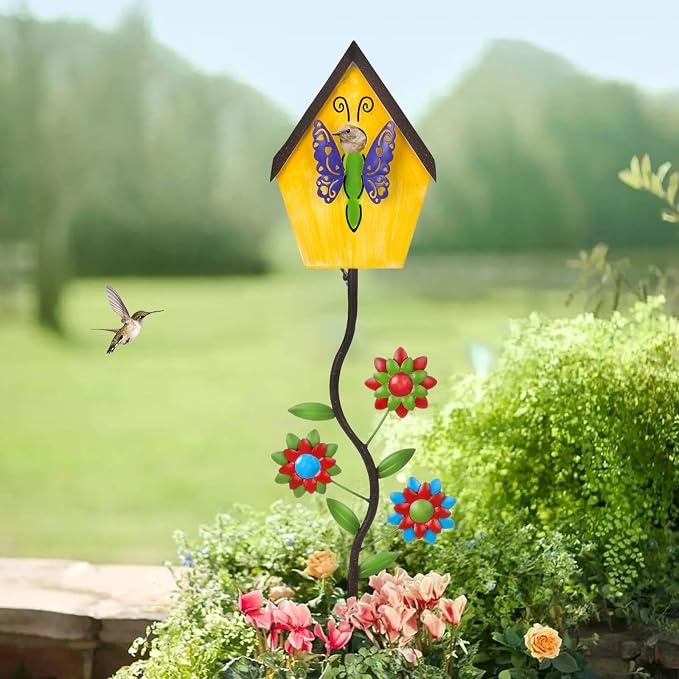 51” Metal Bird Houses Stake for Outside Butterfly Design | Metal Wild Birdhouse, 5 Pronged Garden Stake Pole, Outdoor Decorations for Patio, Backyard, Garden