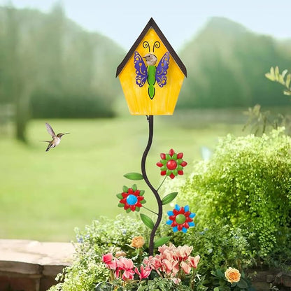 51” Metal Bird Houses Stake for Outside Butterfly Design | Metal Wild Birdhouse, 5 Pronged Garden Stake Pole, Outdoor Decorations for Patio, Backyard, Garden