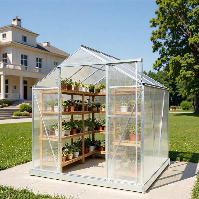 6x6 FT Greenhouse, Walk-in Polycarbonate Greenhouse, Heavy Duty Aluminum Outdoor Green House Kit with Sliding Door, Roof Vent, Rain Gutter for Backyard Garden All Season Growing, Sliver