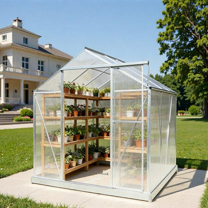6x6 FT Greenhouse, Walk-in Polycarbonate Greenhouse, Heavy Duty Aluminum Outdoor Green House Kit with Sliding Door, Roof Vent, Rain Gutter for Backyard Garden All Season Growing, Sliver