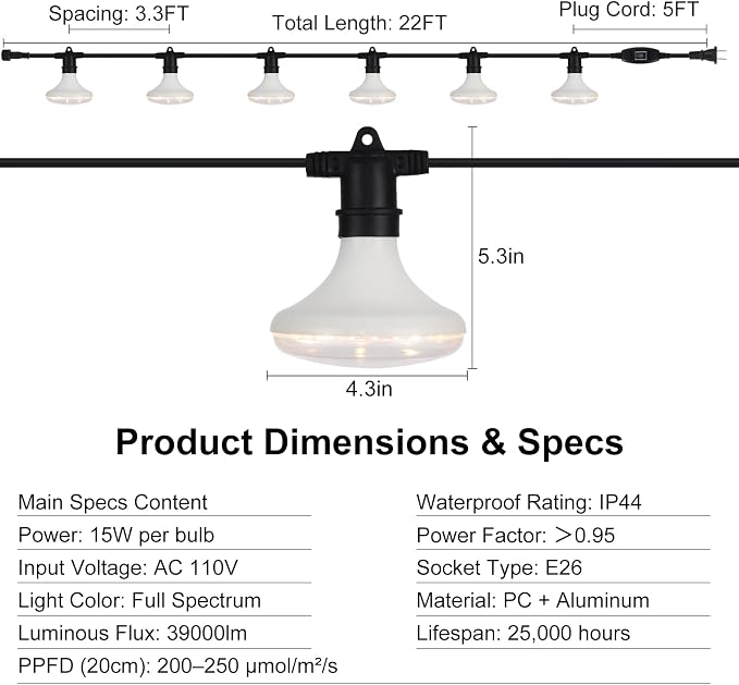 Outdoor Grow Lights Waterproof, Full Spectrum String Grow Light with 22FT Light String Cord for Seedling, Veg, Flower in Greenhouse, Garden, Backyard, Farm (6 Lights, with Smart Plug)