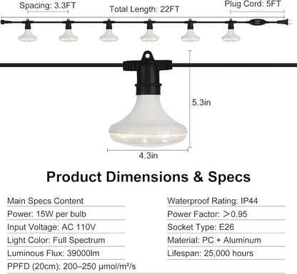 Outdoor Grow Lights Waterproof, Full Spectrum String Grow Light with 22FT Light String Cord for Seedling, Veg, Flower in Greenhouse, Garden, Backyard, Farm (6 Lights, with Smart Plug)