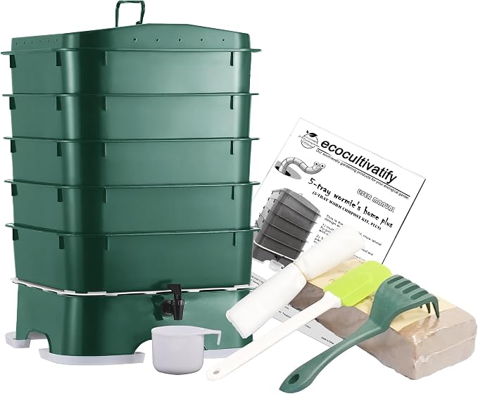 5-Tray Worm Compost Bin, Worm Composter for Outdoor & Indoor, 5-Tray ecocultivatify Wormie's Home Plus, Worm Bin Set for Recycling Household Waste (Dark Green)