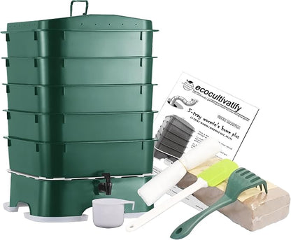 5-Tray Worm Compost Bin, Worm Composter for Outdoor & Indoor, 5-Tray ecocultivatify Wormie's Home Plus, Worm Bin Set for Recycling Household Waste (Dark Green)