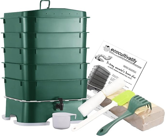 5-Tray Worm Compost Bin, Worm Composter for Outdoor & Indoor, 5-Tray ecocultivatify Wormie's Home Plus, Worm Bin Set for Recycling Household Waste (Dark Green)
