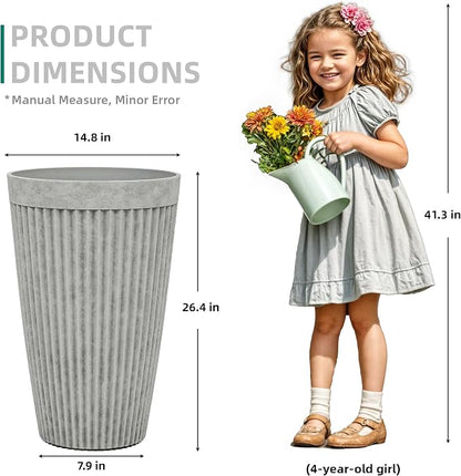 Autodaya 20" Ivory Outdoor Fluted Resin Tall Planters Set of 2 | High-Density Resin Pots with Drainage Holes for Indoor and Outdoor Plants, Patio, Garden, Porch, Living Room, or Gifting