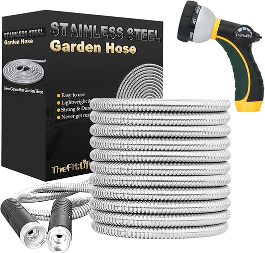 TheFitLife Flexible Metal Garden Water Hose - Upgrade Leak and Fray Resistant Design, Stainless Steel with Solid Fittings and Sprayer Nozzle, Lightweight Kink Free Durable Easy Storage (100 FT)