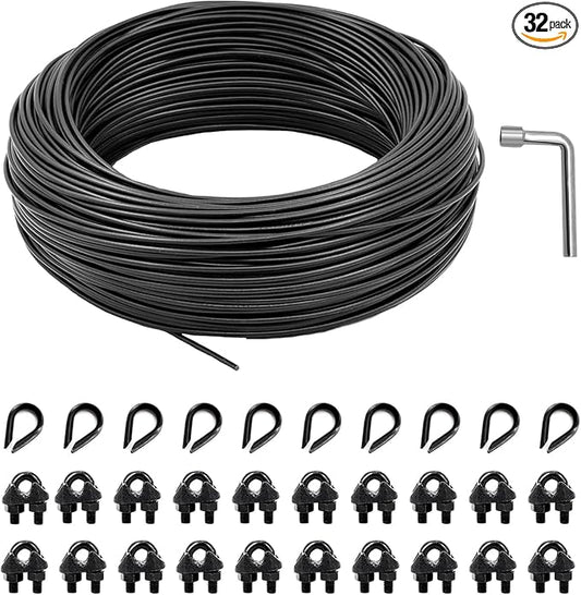 String Light Hanging Kit, All-Black Globe String Lights Suspension Kit w/ 100FT PVC Coated Steel Cable & Enough Accessories, Guide Wire for Outdoor String Light, Patio Light, Camping Light
