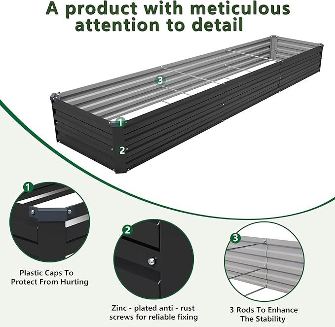 2PCS 12x2x1ft Galvanized Raised Garden Bed Kit,Gardening Planter Box | Outdoor Elevated Metal Planter Box For Vegetables, Flowers, Herbs, Anti-Rust Galvanized Steel, Open Drainage, Sturdy (Black)