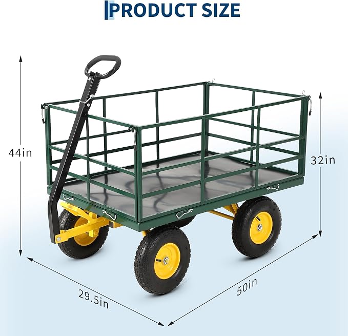Heavy Duty 1500 Lbs Capacity Mesh Steel Garden Cart Folding Utility Wagon with Removable Sides, Garden Cart on Wheels for Gardening Soil, Tools, and Plant Transport