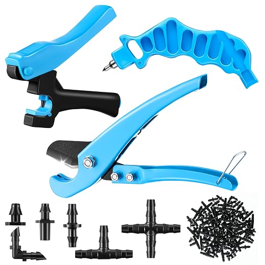 Feekoon Drip Irrigation Hole Punch Tool, 2 in 1 Drip Tubing Punch and Fitting Insertion Tool for 1/4 Inch Emitters, 16 20 25mm PE Pipe, Garden Repair(Blue,115 Irrigation Plugs)
